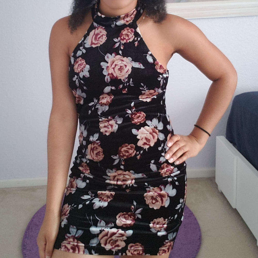 Velvet Floral High Neck Dress